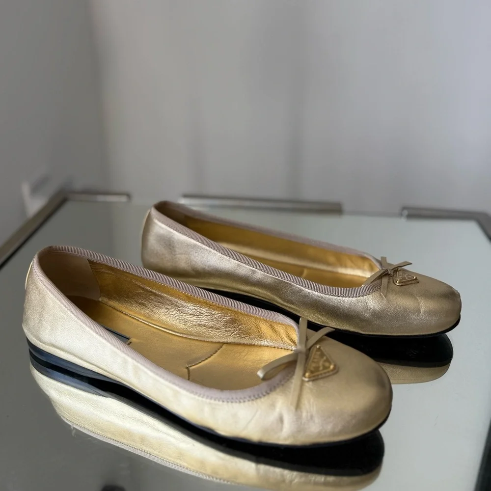 Prada Metallic Gold Ballerina Flats 37 $950 - Picture 9 of 12